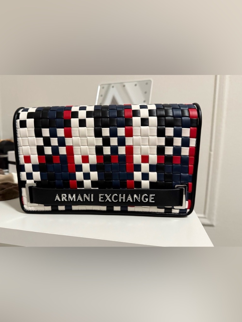 Armani Exchange Woven Tricolor Leather Clutch in Navy, White & Red